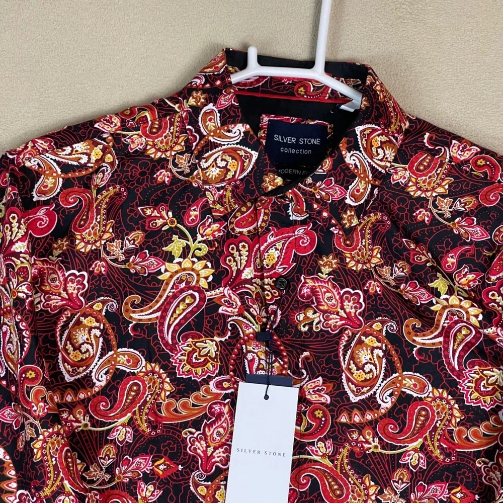 SILVER STONE Collection Modern Fit Men's Long Sleeve Button Down Shirt L Paisley